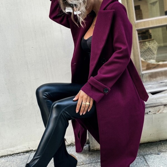 Cozy Dark Magenta Double Breasted Pea Coat Jacket Winter - Picture 5 of 5